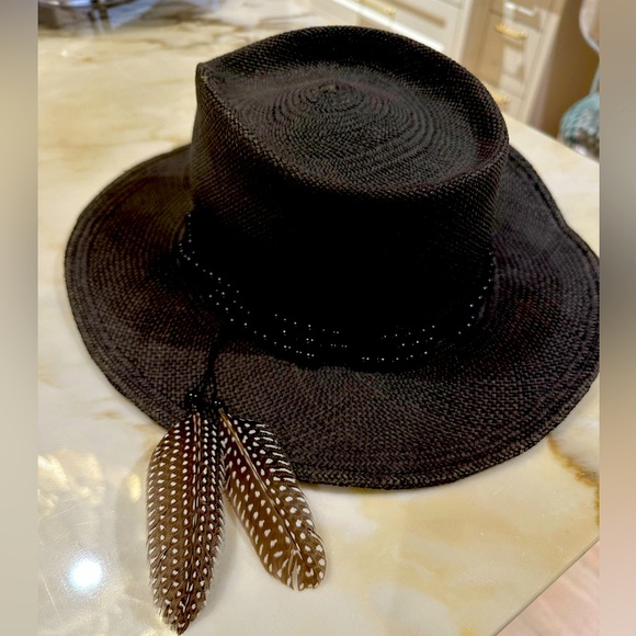 Gladys Tamez Millinery Dean straw Panama hat black with beaded feather accent - Picture 1 of 9